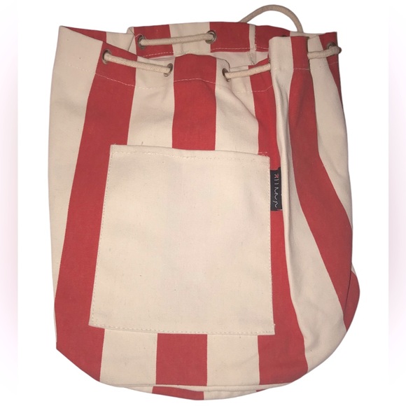 Macy’s Vintage Canvas Bag Red Offwhite Pocket Rope Sling Backpack Beach Workout - Picture 1 of 5